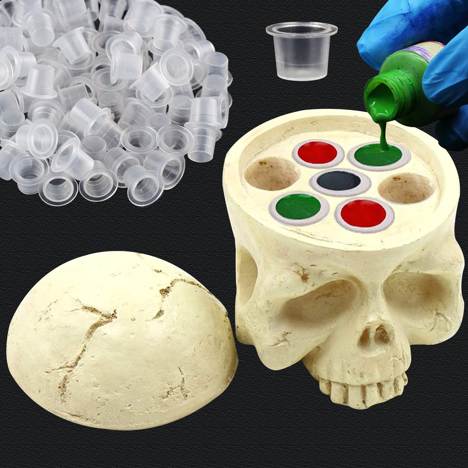 Rayyl Tattoo Ink Cup Holder Skull Head Design with 100PCS Large Tattoo Ink Caps for Beginners and Experienced Artists