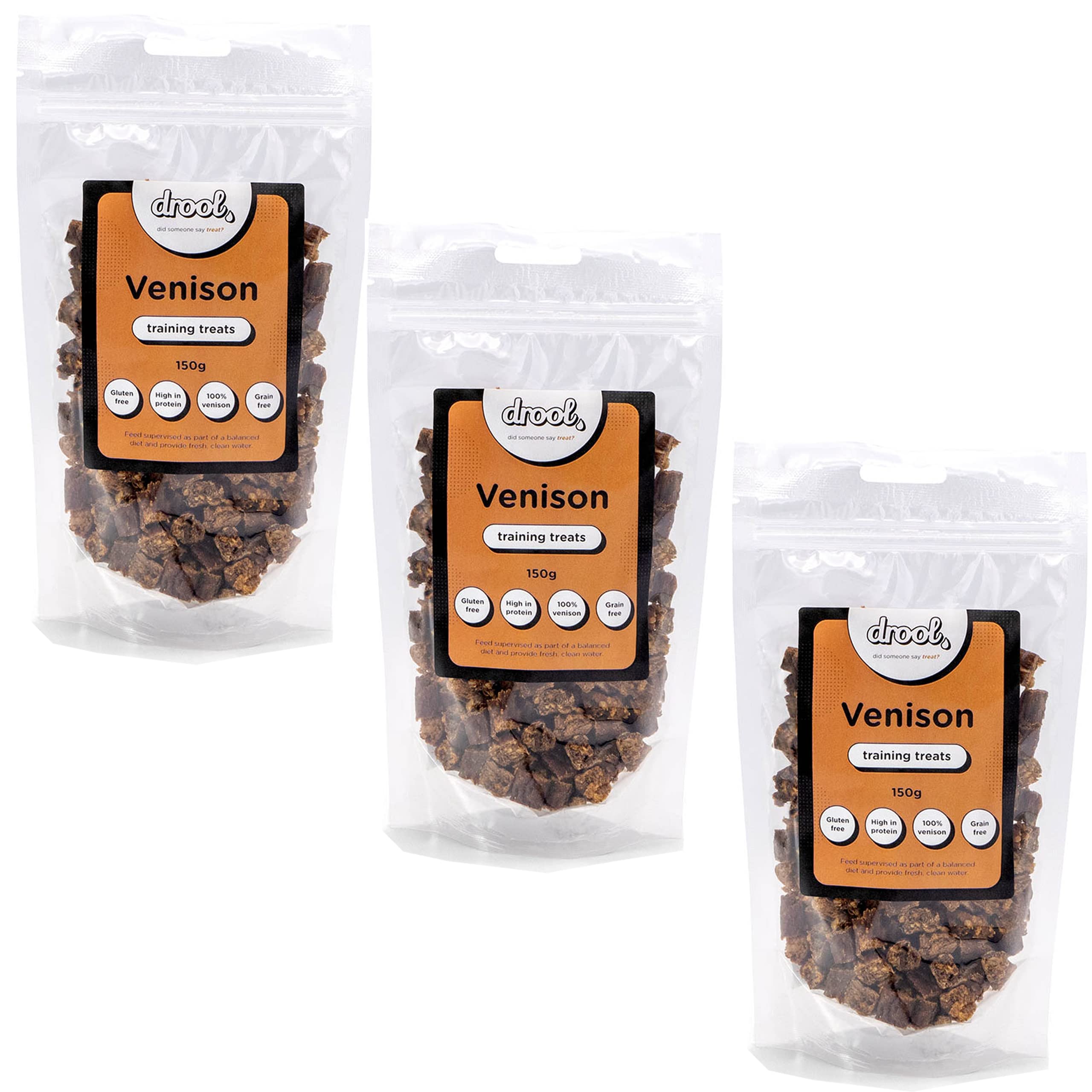 Drool Pet Products Natural Air Dried Dog Treats | Dried Fresh Venison | Grain Free Healthy Training Chews for Dogs | 3 x 150g