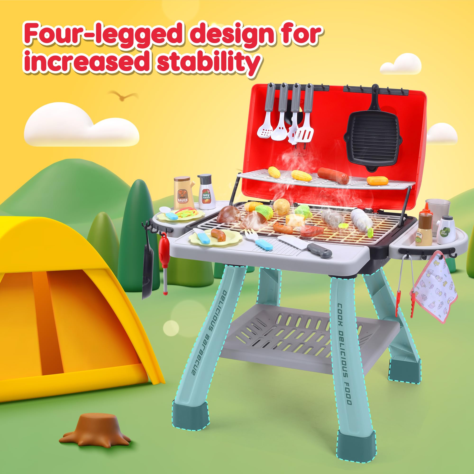 CUTE STONE Kinder BBQ Grill Spielzeug, Küche Spielzeug Set, Realistische Rauch BBQ Grill Spielset mit Spielzeug Küche Zubehör,Barbecue per Bambini Rosa 5