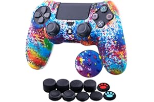 YoRHa Water Transfer Printing Dots Silicone Cover Skin Case for Sony PS4/slim/Pro Dualshock 4 Controller x 1(Spashing Paint) with Thumb Grips x 10