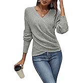 SOLY HUX Women's V Neck Long Sleeve Off Shoulder Sweaters Criss Cross Wrap Ruched Pullover Fall Tops