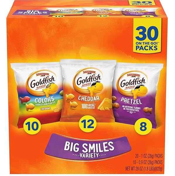 GOLDFISH CRACKERS BIG SMILES VARIETY PACK WITH CHEDDAR, COLORS, AND PRETZELS, SNACK PACKS, 30 CT