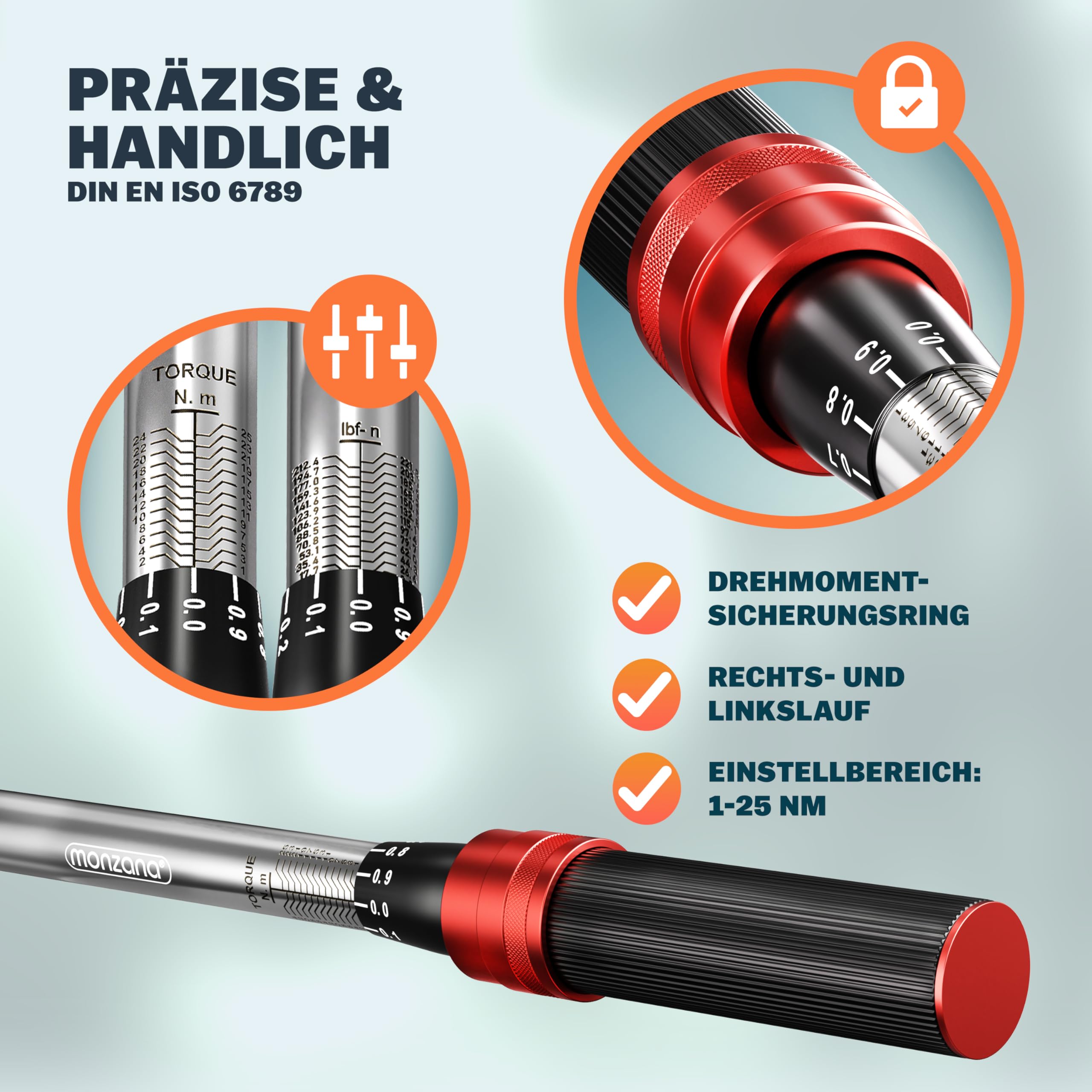 Monzana® Drehmomentschlüssel Fahrrad 18 tlg. Set 1/4 Zoll 1-25 NM ±3% CV-Stahl Verlängerung Transportbox Hochwertiges Bitset Werkzeug Motorrad 5