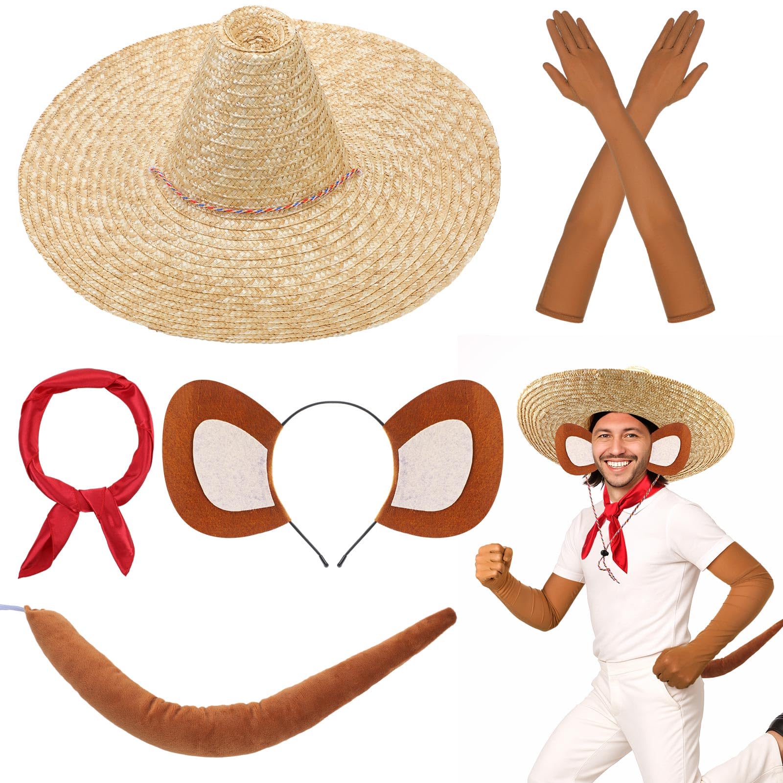 Photo 1 of Mepase 5 Pcs Halloween Mexico Mouse Costume for Adult Mexico Sombrero Red Scarf Brown Rat Ears Headband Brown Rat Tail and Coffee Gloves Cute Mouse Outfit for Halloween Cosplay Dress up Party Supplies