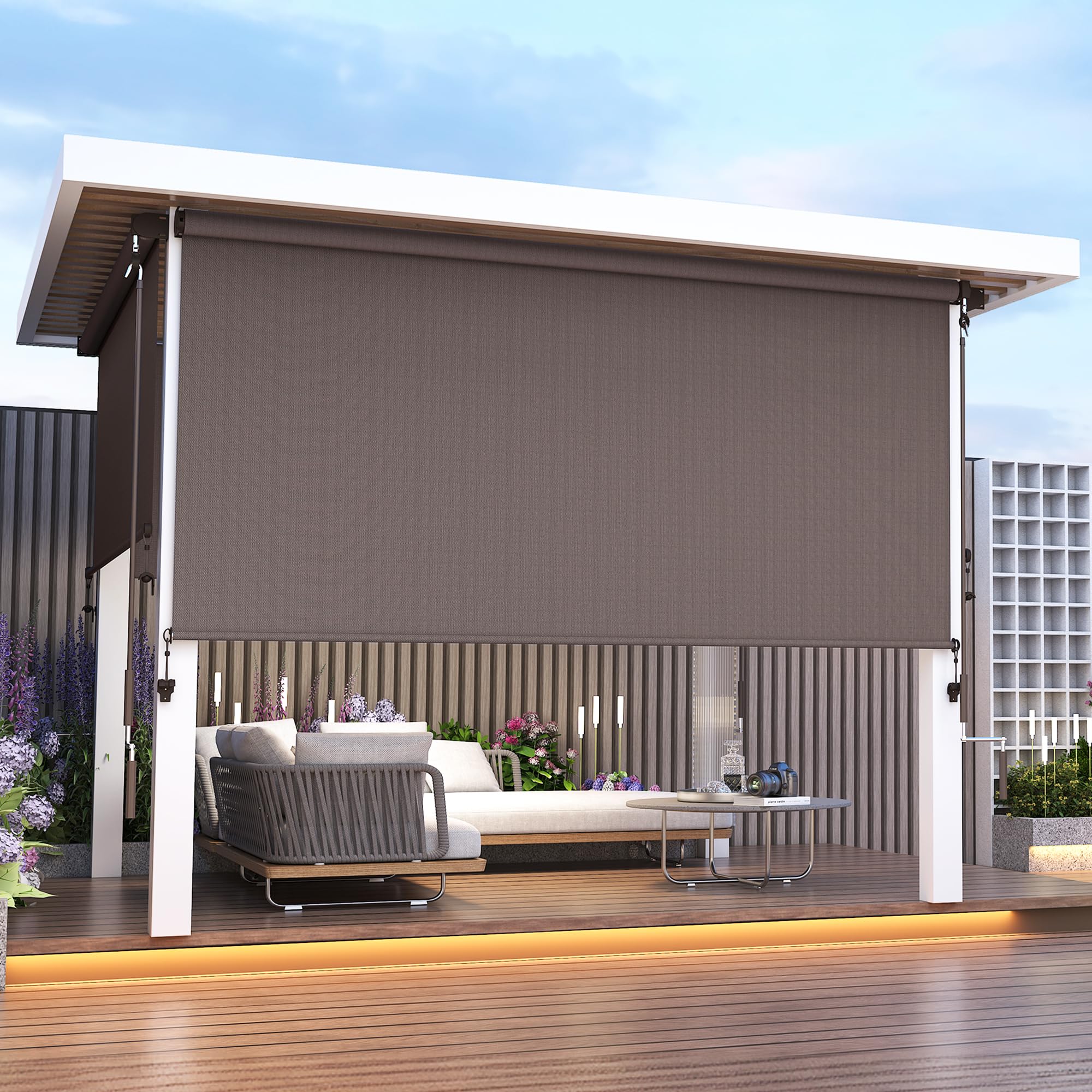 Photo 1 of Outdoor Roller Shade for Patio (10'W X 8'H) 420GSM New Material with 95% UV Protection, Cordless Aluminum Patio Blinds with Crank Handle, Outdoor Blinds for Shading, Privacy Protection, Brown