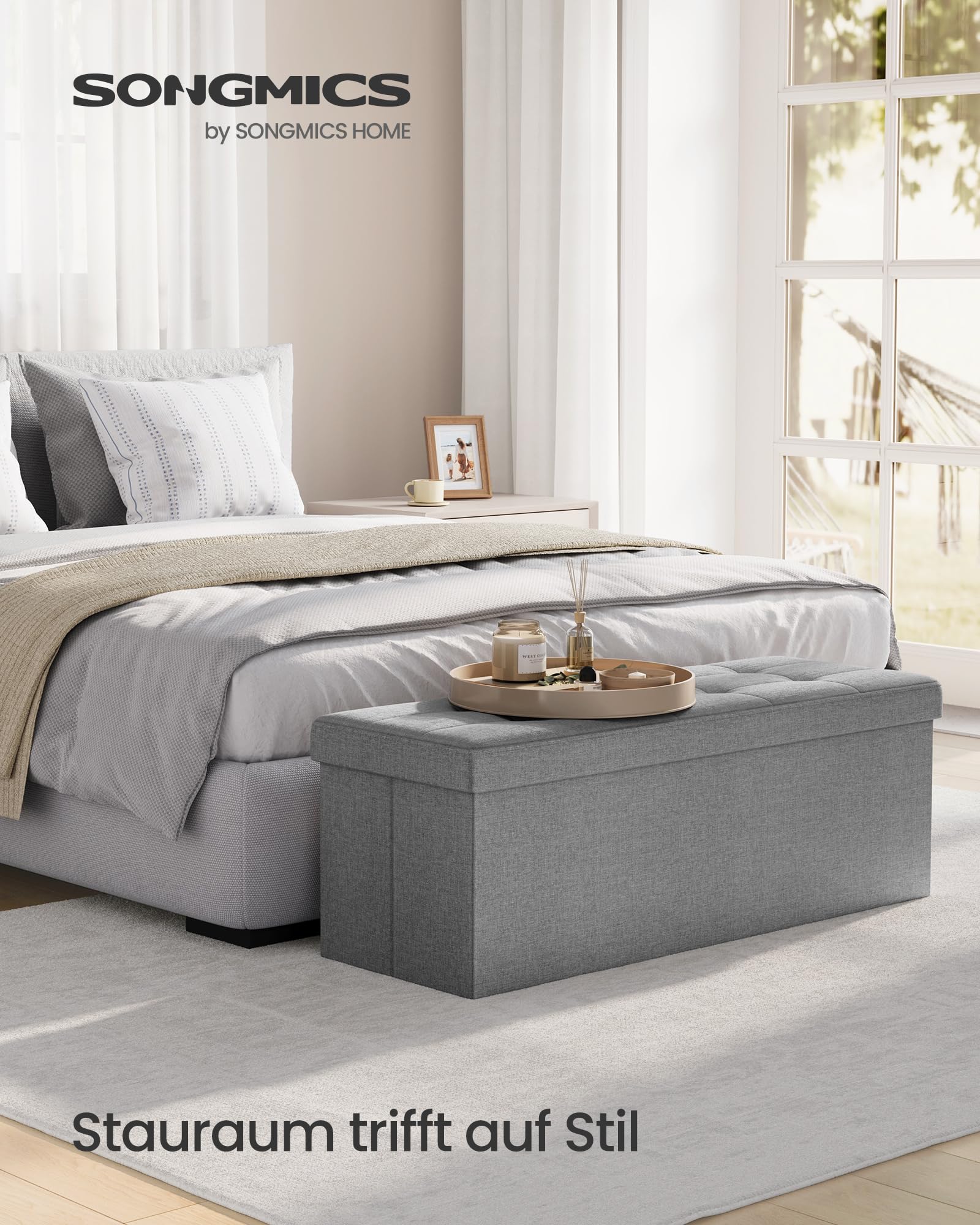 SONGMICS Sitzhocker mit Stauraum, klappbare Sitzbank, 38 x 110 x 38 cm Fußbank, Aufbewahrungsbox, bis 300 kg belastbar, für Wohnzimmer Schlafzimmer Flur, aschgrau LSF77G 3