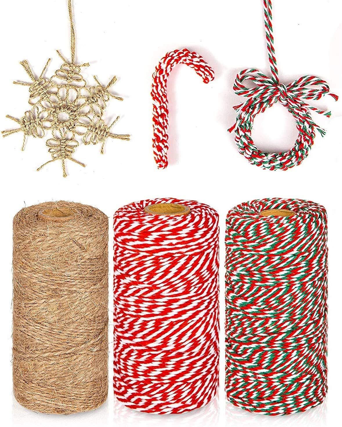 KAHEIGN 3Pcs Christmas Jute Strings and Cotton Twine Rolls, 984 Feet Red White Green Cotton String Jute Twine Wrapping Rope Cord for Xmas DIY Crafts Presents Baking