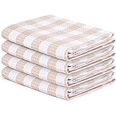Blue Needles Waffle Weave Check Plaid Kitchen Towels, 15x25 Inches 100% Cotton Set of 4 Dish Towels for Kitchen, Ultra Soft & Absorbent for Quick Drying with Hanging Loop Spring Summer - Beige & White