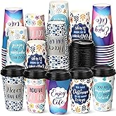 Ovveroche 100 Pack 16 oz Disposable Coffee Cups with Lids,Motivational Paper Hot Cups with 5 Quotes for Hot and Cold Beverages,Coffee,Tea,Water,Juice