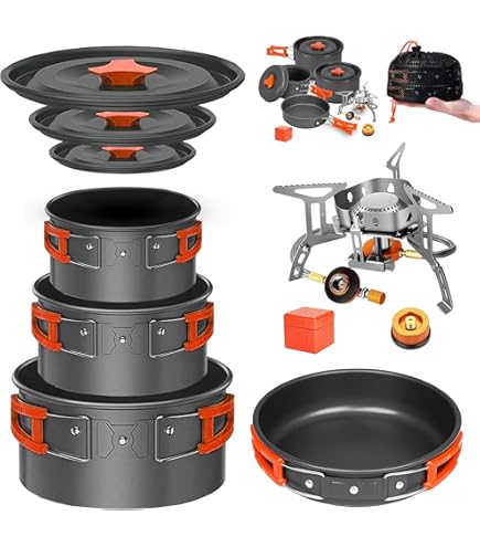 OVERMONT Kit De Casseroles Camping 14 Pièces – Aluminium Durable, Avec Cafetière Et Théière