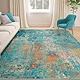 RELEANY Washable Area Rugs 5'x7' Non-Slip Modern Abstract Soft for Living Room Entryway Bedroom, Print Pattern, Teal Blue Green Orange Rust Red Coloreful