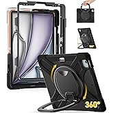 BRAECN for iPad Air 13 Inch Case M3 2025/ M2 2024, Rugged iPad Pro 12.9 Inch 6th/5th/4th/3rd Generation Cover w/Kickstand/Swivel Handle Grip/Shoulder Strap/Wireless Apple Pencil Charging Holder, Black
