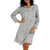 ENJOYNIGHT Women's Cotton Nightgown Long Sleeve V Neck Nightshirt Print Sleep Dress with Pockets
