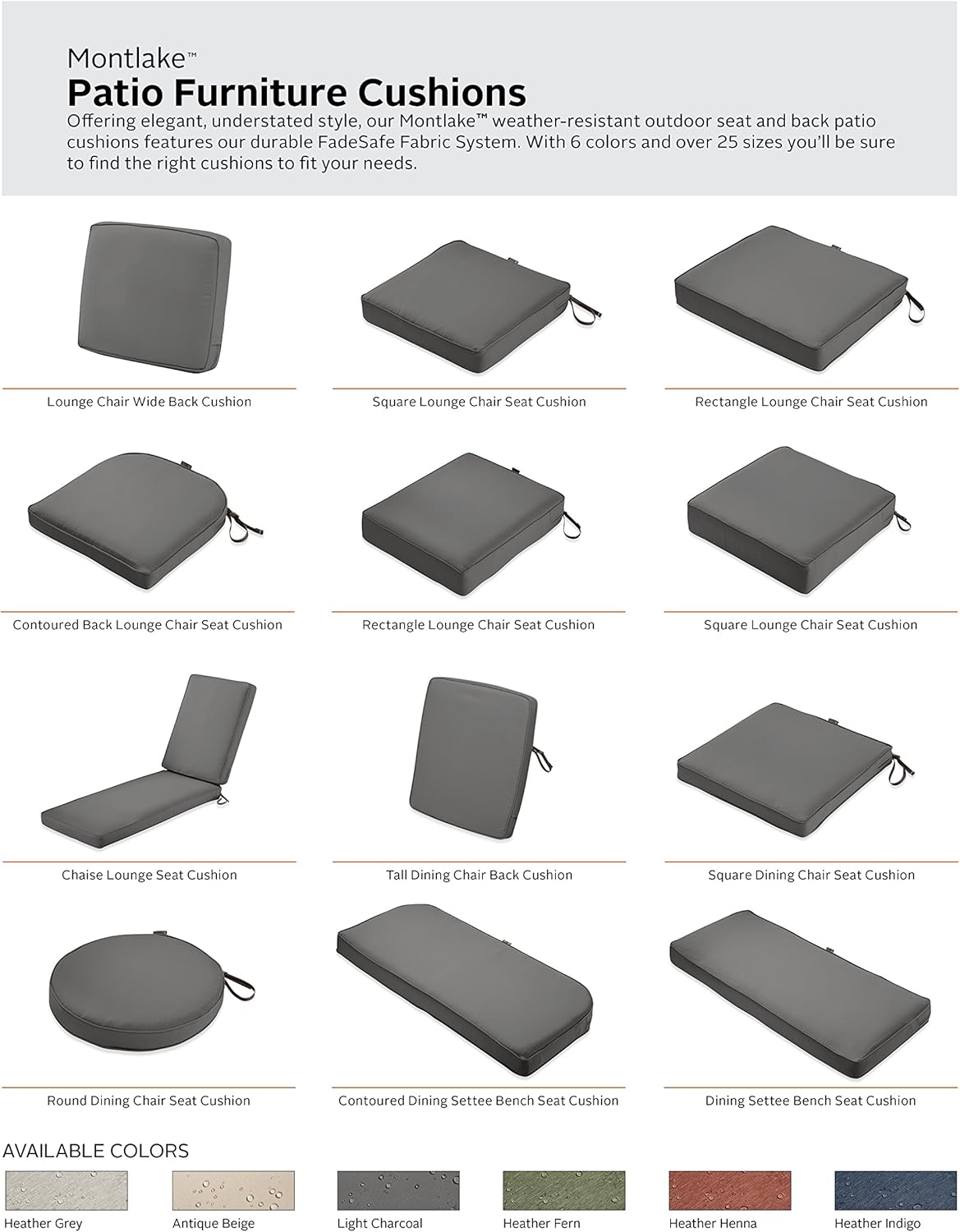 Classic Accessories Montlake Water-Resistant 25 x 25 x 5 Inch Square Outdoor Seat Cushion, Patio Furniture Chair Cushion, Light Charcoal Grey : Garden & Outdoor
