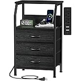 Furnulem Night Stand with Charging Station, 28.3 Inch Tall Side Table with Fabric Drawers and Storage Shelf, Bedside Table with USB Ports & Outlets, Nightstand for Bedroom, 3 Ways to Use, Black Oak