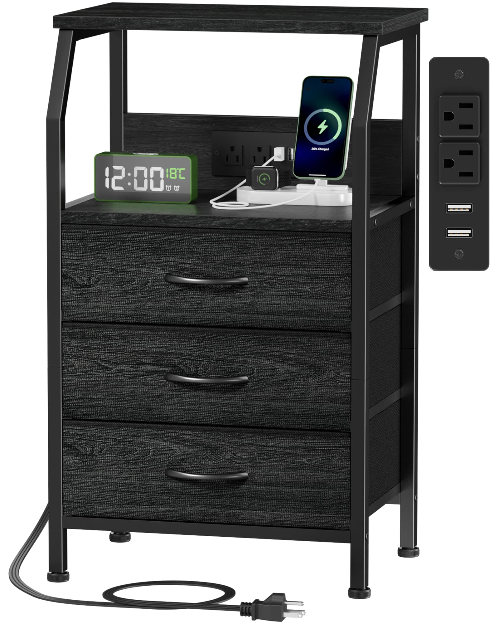Photo 1 of Furnulem Night Stand with Charging Station, 28.3 Inch Tall Side Table with Fabric Drawers and Storage Shelf, Bedside Table with USB Ports & Outlets, Nightstand for Bedroom, 3 Ways to Use, Black Oak