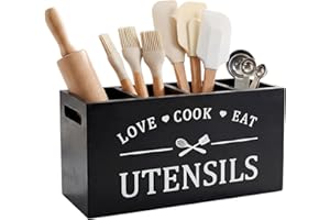 Extra Large Kitchen Utensil Holder, Black Farmhouse Utensil Organizer with 4 Compartments & Removable Divider, Rustic Wood Co