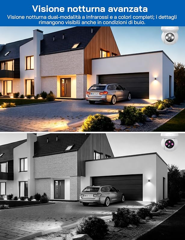 Telecamera di sicurezza esterna 2K 3MP, telecamera WiFi PTZ 360°, visione notturna a colori, rilevamento AI, allarme acustico e luminoso, IP65 resistente alle intemperie, funziona con Alexa e