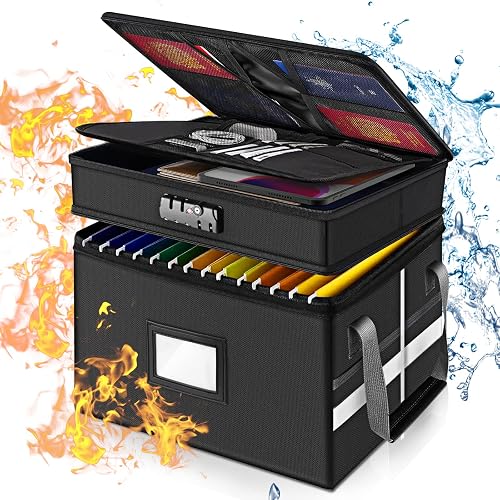 Lock File Box Fireproof Document Box with Lock, File Box 2-Layer Collapsible File ...