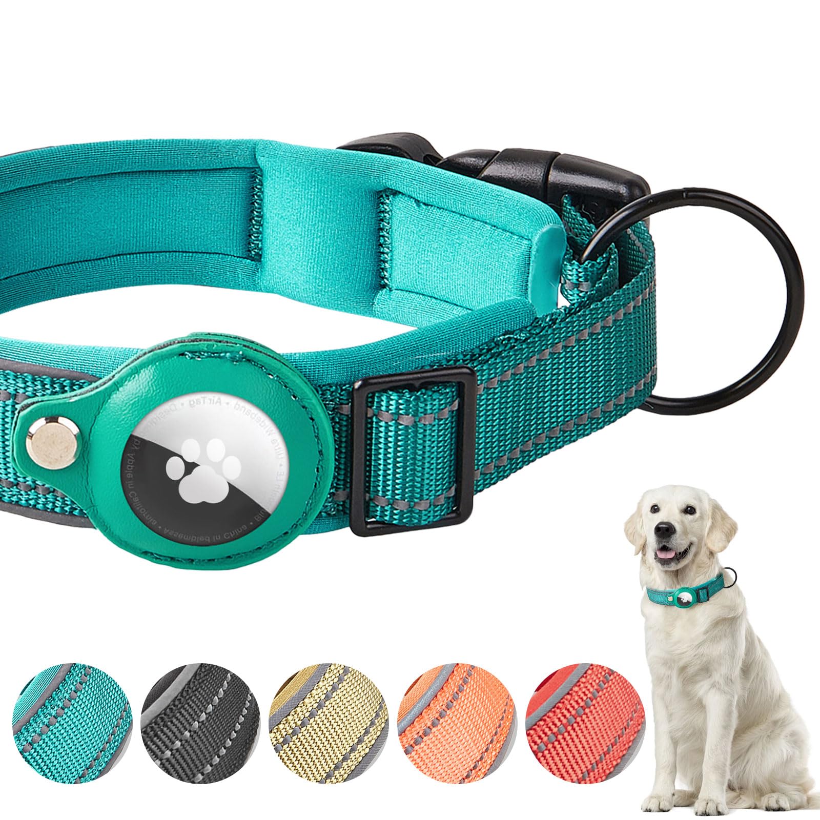 Boloshine Airtag Dog Collar, Adjustable Reflective Nylon Dog Collar, with Quick Release Buckle and Holder for Apple Air Tag, Durable Anti-lost Dog Collars for Small Medium Large Dogs (Cyan, L)