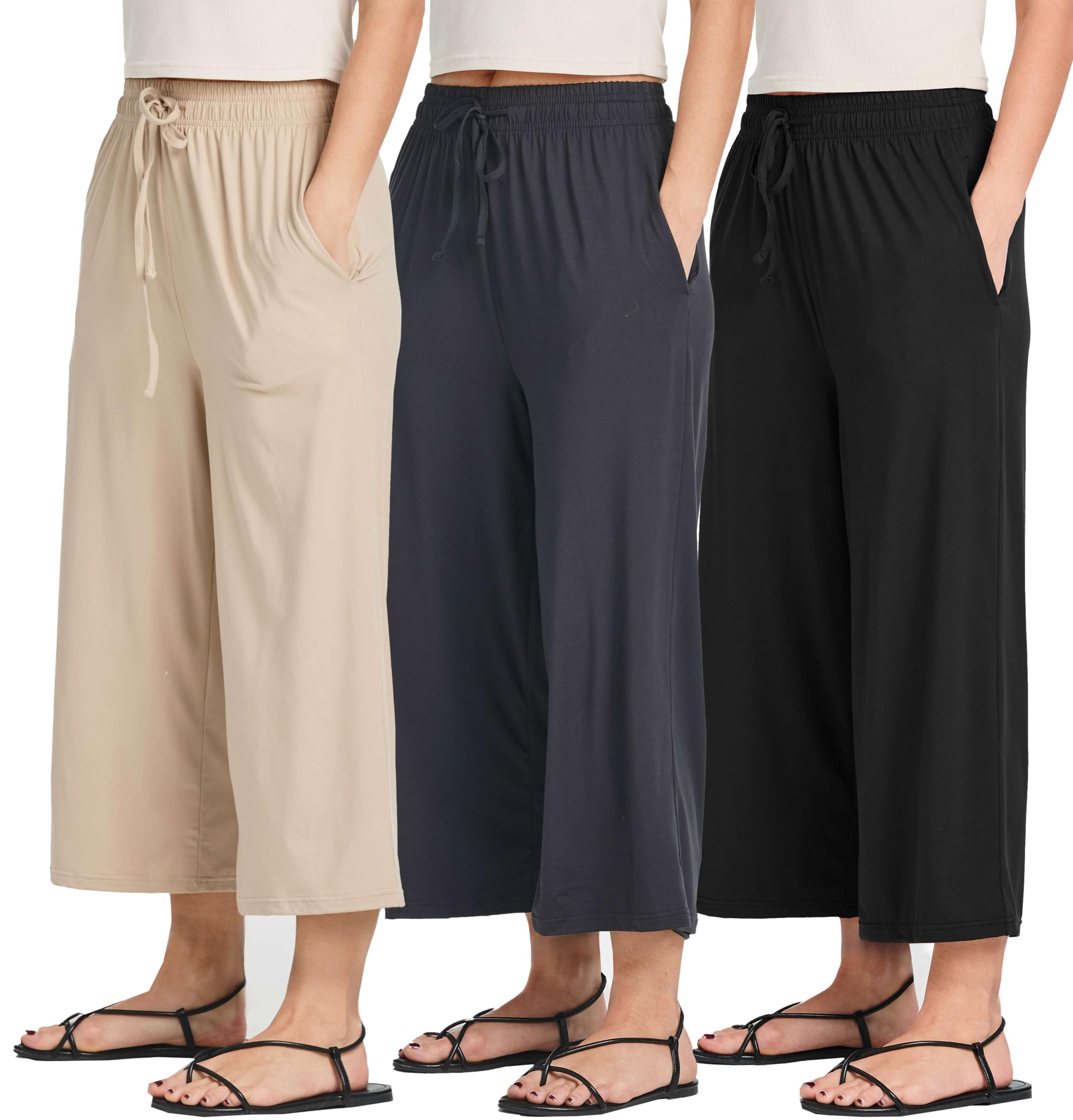 Photo 1 of *BLACK ONLY* Real Essentials 1 Pack: Women's Ultra-Soft Wide Leg Loose Capri Open Bottom Pants - Yoga Lounge Pockets(Available in Plus) size 2xl