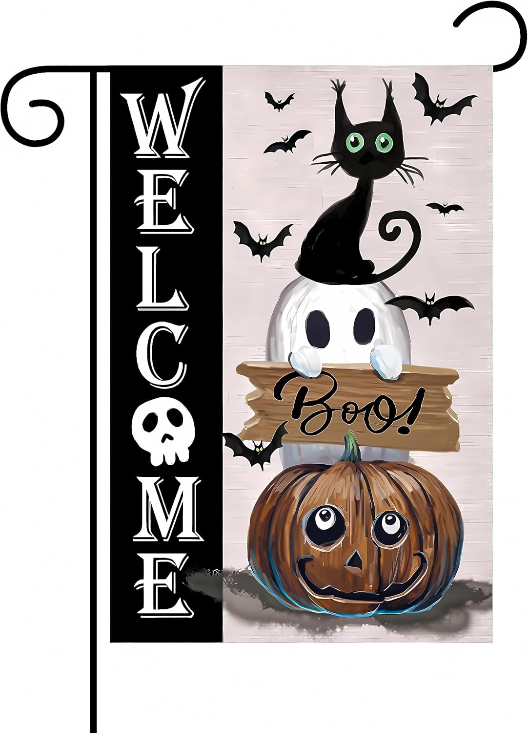 Yard Signs - Solar Lights Halloween Welcome Garden Flag With Ghost BOO Cat Pumpkin Bat Witch, Double Sided Outside Decorations Burlap Yard Flag 12x18 Inch (Basic, A7)