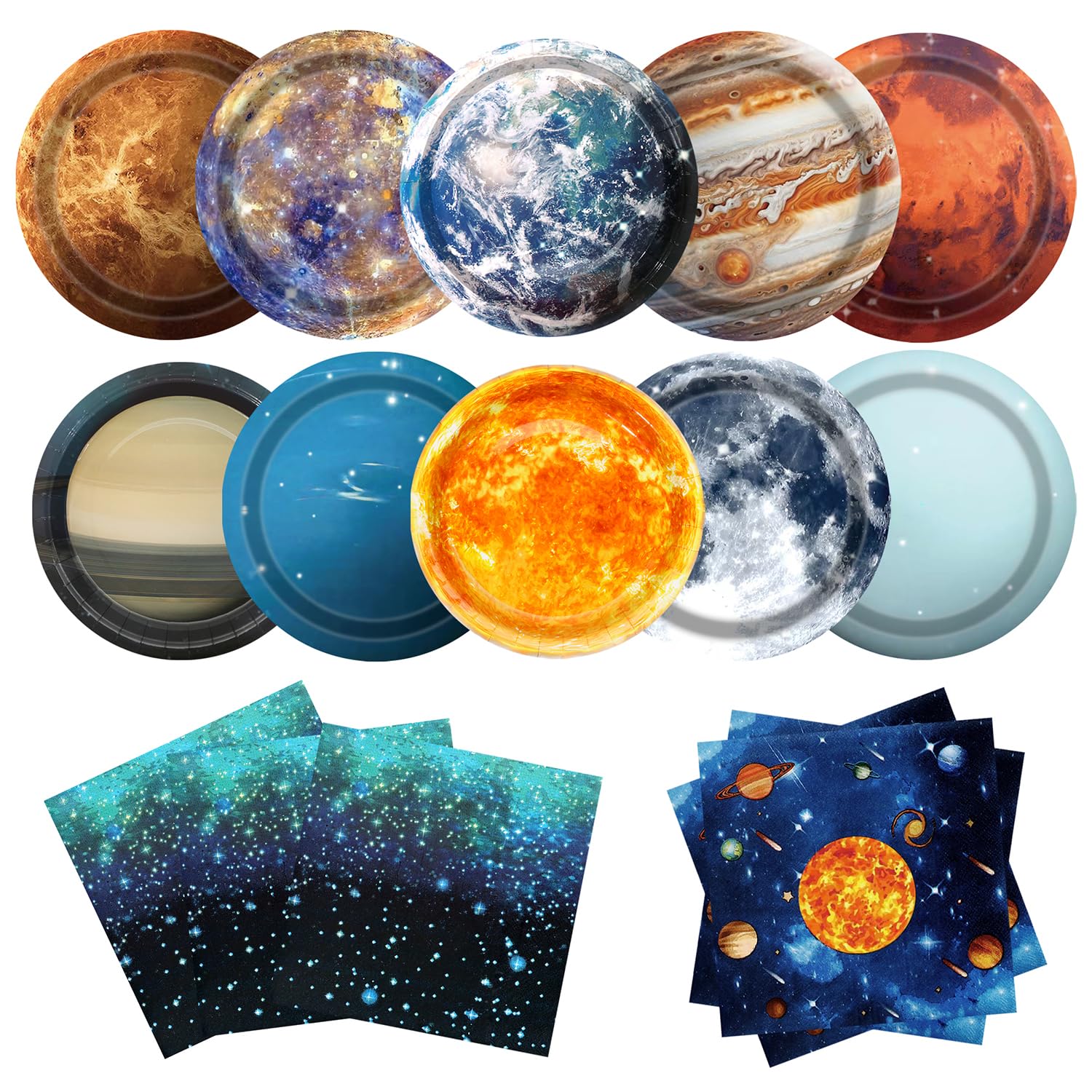 Photo 1 of UROINEPA Space Theme Party Decorations 100Pcs Galaxy Planet Outer Space Disposable Plates and Napkins for Kids Space Solar System Planets Baby Shower Birthday Party Decorations, 9inch