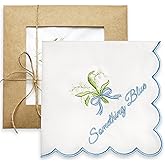 Lauusiusi Embroidered Cotton White Handkerchief Hankie with Scalloped Edges Soft 11" x 11" Blue Wedding Gift for Bride
