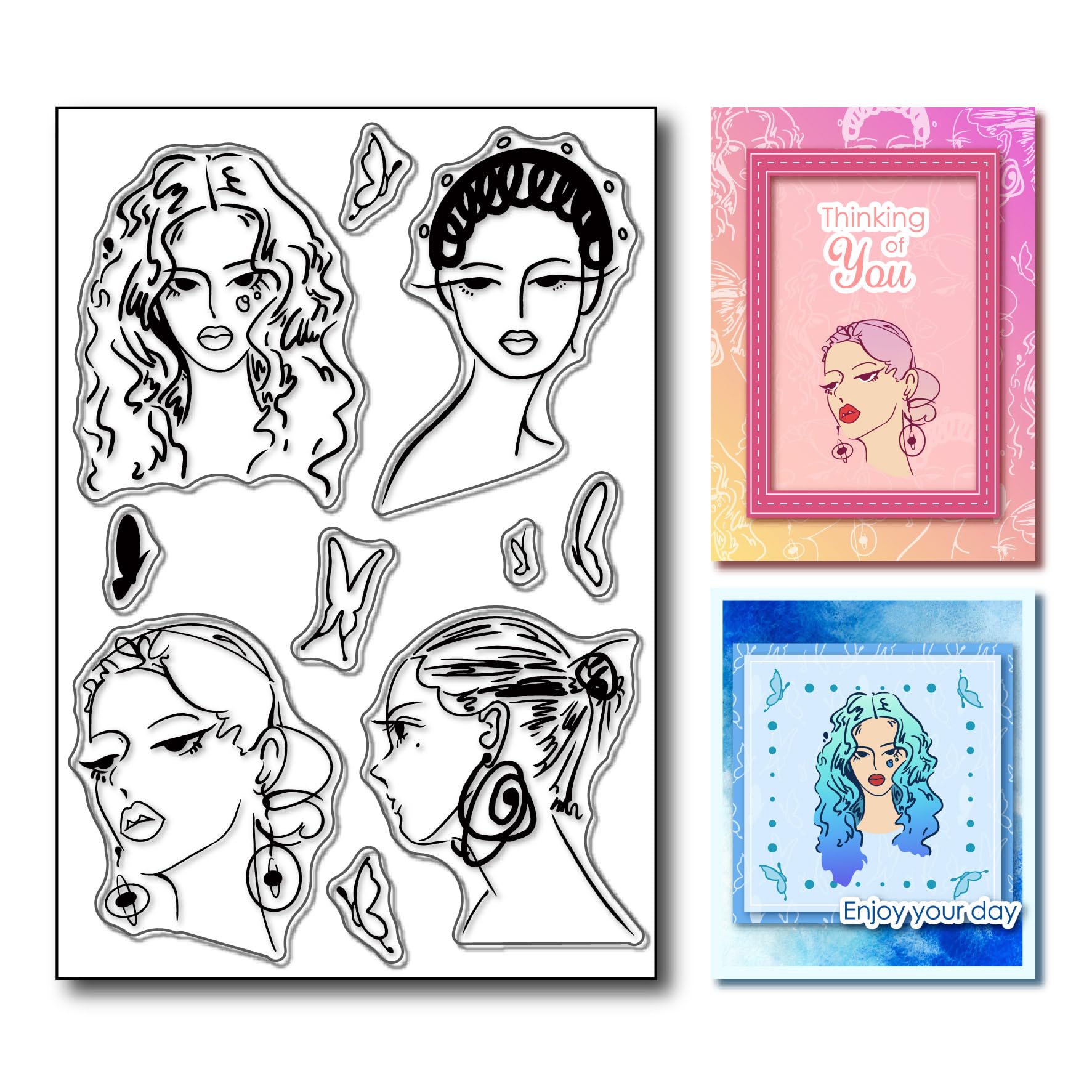 arriettycraft Women Portrait Clear Stamps for Card Making Decoration, Fashion Girl Lady Butterfly Silicone Stamps for Scrapbooking notebooks journaling Photo Album Paper Crafts Decoration