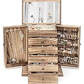 Emfogo Wooden Jewelry Box for Women, 6-Tier Large Jewelry Organizer Boxes with Mirror Rustic Solid Wood jewlery Storage Display for Rings Earrings Necklaces Bracelets watches(Carbonized Brown)
