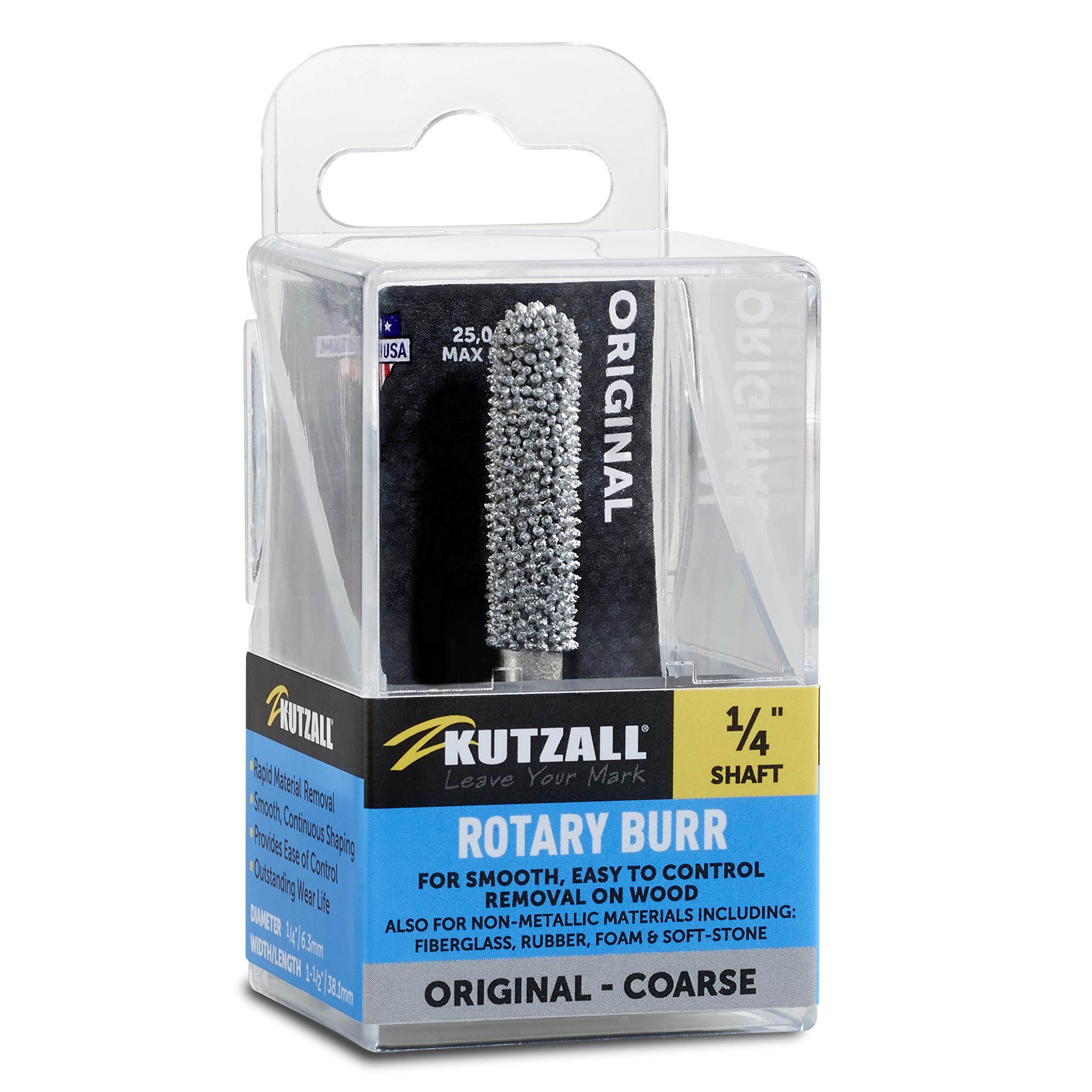 Kutzall Original Ball Nose Rotary Burr, 1⁄4" Shaft, Coarse - Woodworking Attachment for Bosch, DeWalt, Milwaukee, etc. Abrasive Tungsten Carbide, 1⁄4" (6.3mm) Head Dia. X 1-1⁄2" (38.1mm) Length, BN-14