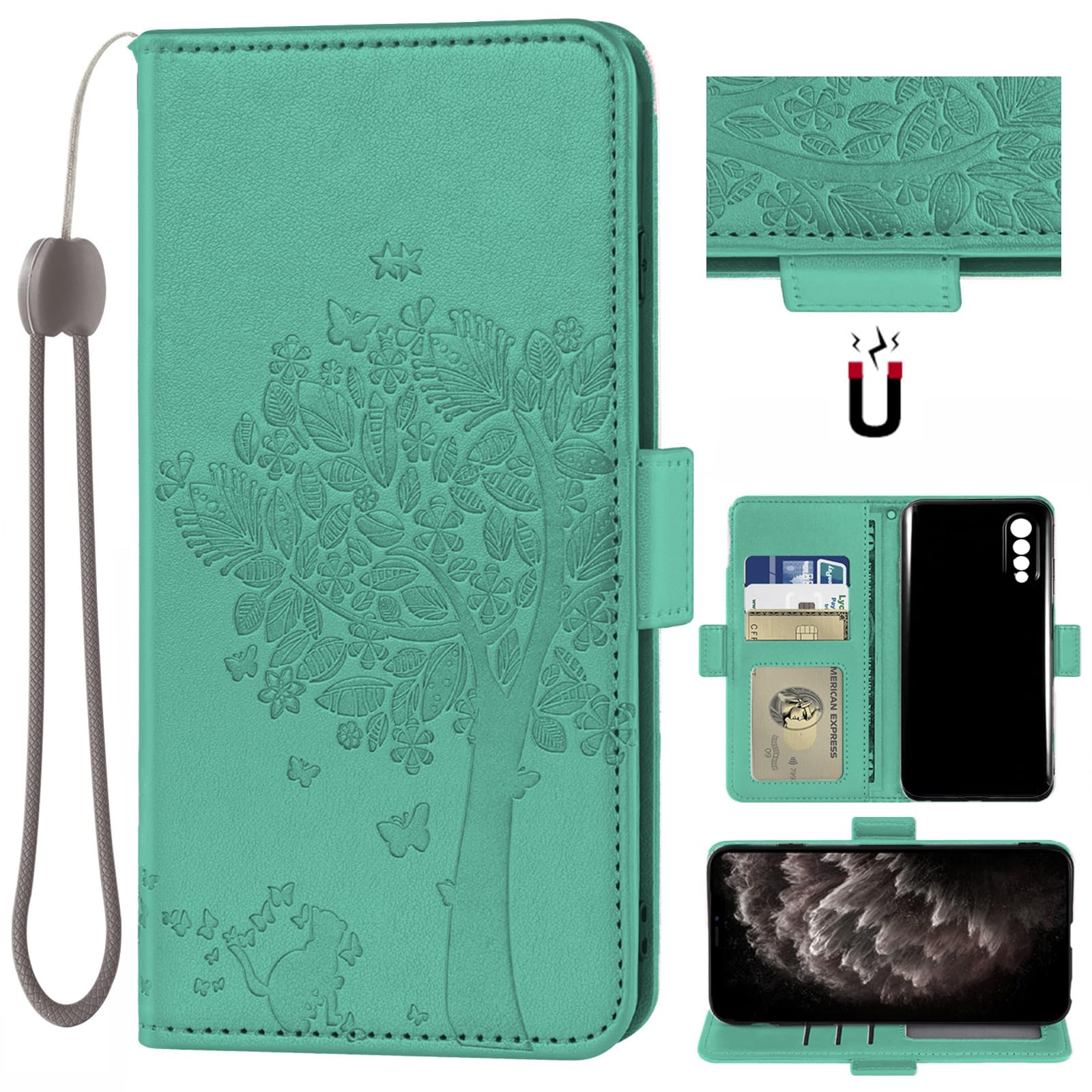 Auotu PU Leather Flip Case with Camera Protection Wallet Mobile Phone Case Leather Cover Case for Cubot X70 Smartphone (Green with Tree Pattern)