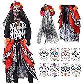 Berlune 10 Pcs Halloween Day of The Dead Costumes for Women Include Multicolor Tie on Bustle Dia De Los Muertos Headband with Black Lace Veil 8 Sheets Face Tattoo Stickers for Party Cosplay Supplies