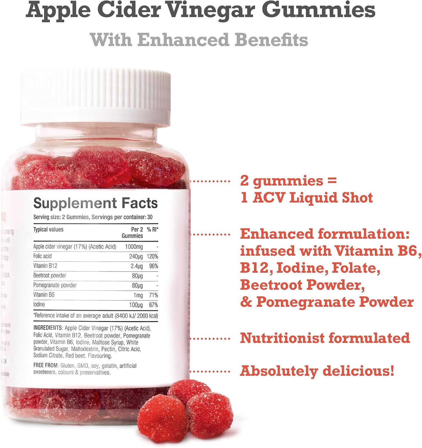 Apple Cider Vinegar Gummies with The Mother 1000mg, Red, 60 count (Pack of 1) - Image 3