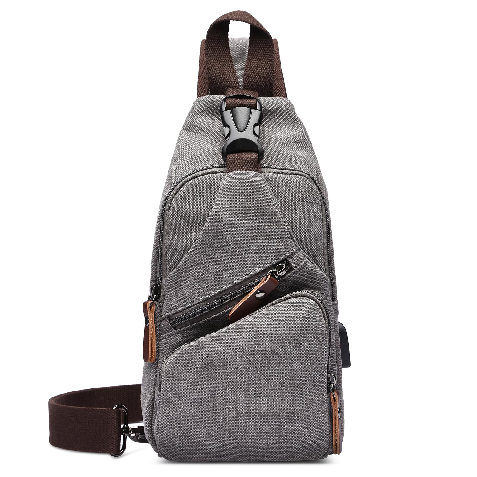 VARLIVOO Vintage Men's Sling Bag Canvas Chest Bag with USB Charging Port Sports Shoulder Bags Hiking Crossbody Bag Anti-Theft Sling Backpack Casual Daypack for Travel Camping Cycling Grey