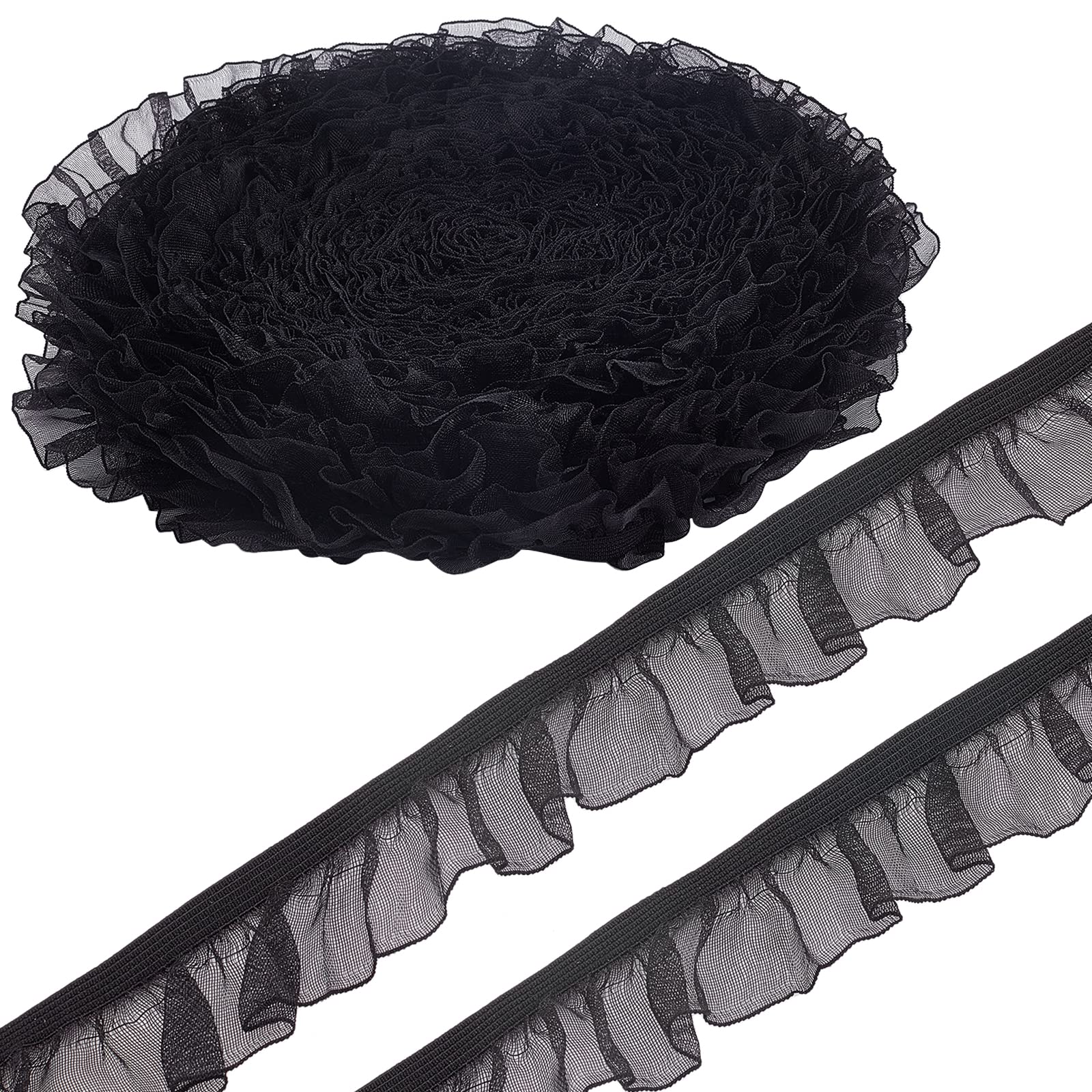 GORGECRAFT 20 Yards Elastic Stretch Lace Trim 25mm Wide Gathered Ruffle Lace Black Pleated Organza Fringe Ribbon Edge Trimmings for DIY Sewing Craft Bridal Wedding Garment Splicing Decoration