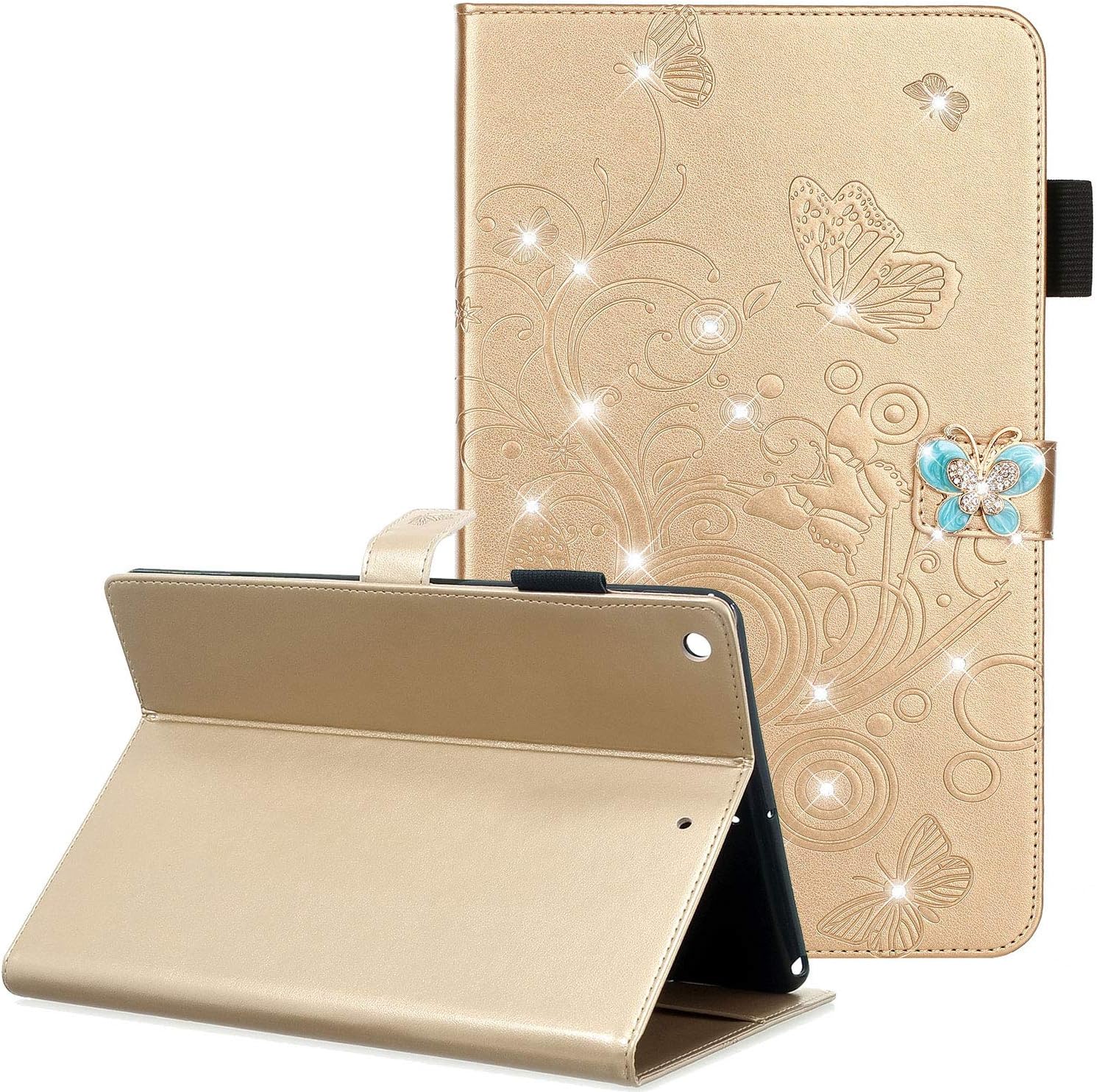 Coopts iPad 10.2 7th Generation 2019 Case with Stand, Gold Embossed Butterfly Waterproof PU Leather Folio Shell Wallet Pocket Pencil Holder Smart Auto Sleep/Wake Cover for Apple iPad 7th Gen,Gold