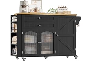 FINETONES Kitchen Island with Storage, Rolling Kitchen Island on Wheels with Wood Drop Leaf Countertop, Island Table Bar Cart with Spice Towel Rack Portable Kitchen Table Kitchen Carts on Wheels