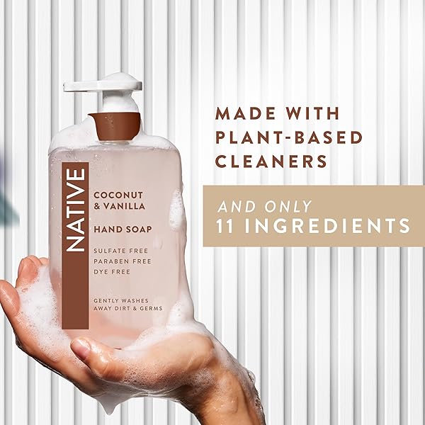 NATIVE LIQUID HAND SOAP, COCONUT & VANILLA SCENT, NON-DRYING FORMULA FOR SOFT, SMOOTH HANDS, MADE WITH PLANT-BASED CLEANSERS, SULFATE & PARABEN FREE, 13 OZ BOTTLE