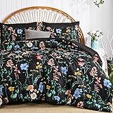 DJY Black Floral Comforter Set Queen Size,Black Pink Botanical Bedding Comforter Sets,7 Pieces Bed in a Bag Lightweight Microfiber Comforter Set with Sheets Pillowcases & Shams for All Seasons