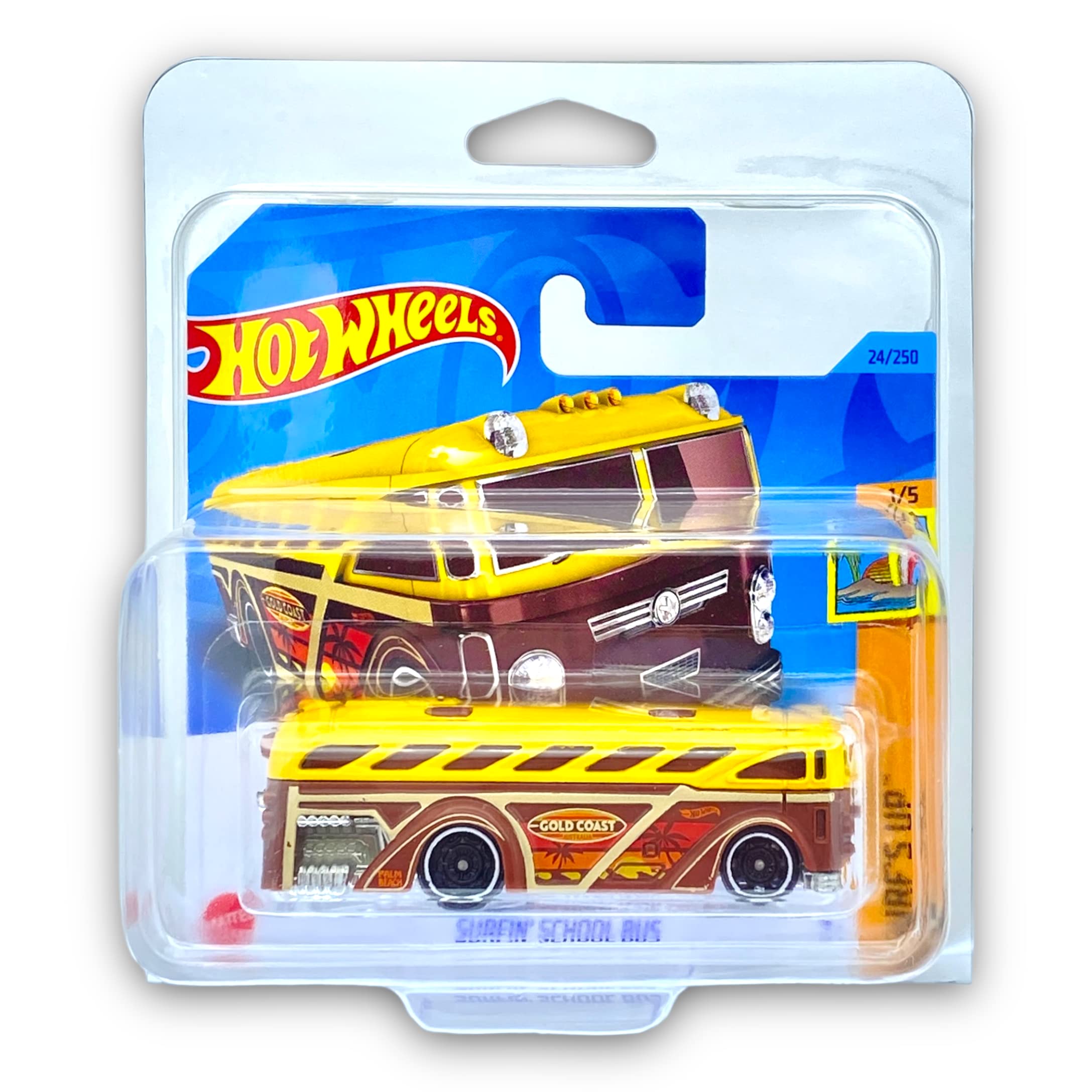 Hot Wheels Surfin' School Bus (Brown & Yellow) 1/5 Surf's Up 2023-24/250 (Short Card) - COMES IN A KLAS CAR KEEPER PROTECTIVE COLLECTORS CASE - HKJ32