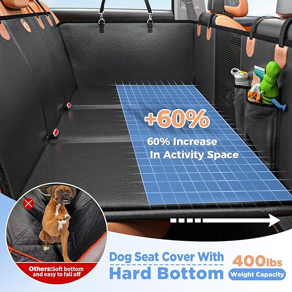 MYJAQI BACK SEAT EXTENDER FOR DOGS, HARD BOTTOM DOG CAR SEAT COVER FOR TRUCK BACK SEAT, DOG HAMMOCK FOR CAR, UPGRADED PU LEATHER MATERIAL, LARGER SPACE, HOLDS 400LBS