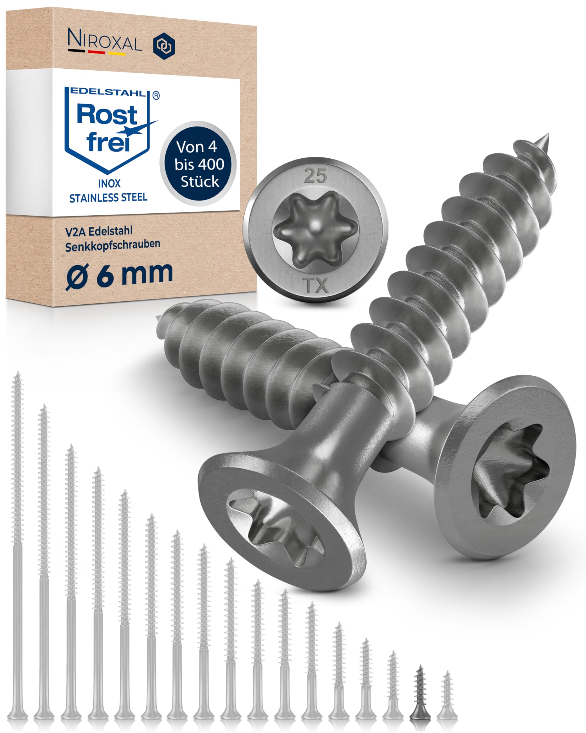 Wood Screws 6 x 25 mm TORX Countersunk Head Stainless Steel 304 Chipboard Screws Timber Screws Full Thread Rustproof A2 100 Pack