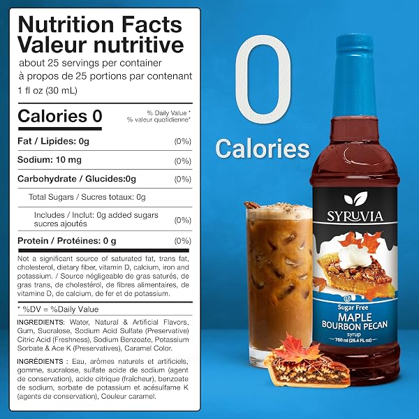 SYRUVIA SUGAR FREE COFFEE SYRUP, MAPLE BOURBON PECAN FLAVORED SYRUP FOR DRINKS, LATTES, AND DESSERTS – 25.4 FL OZ