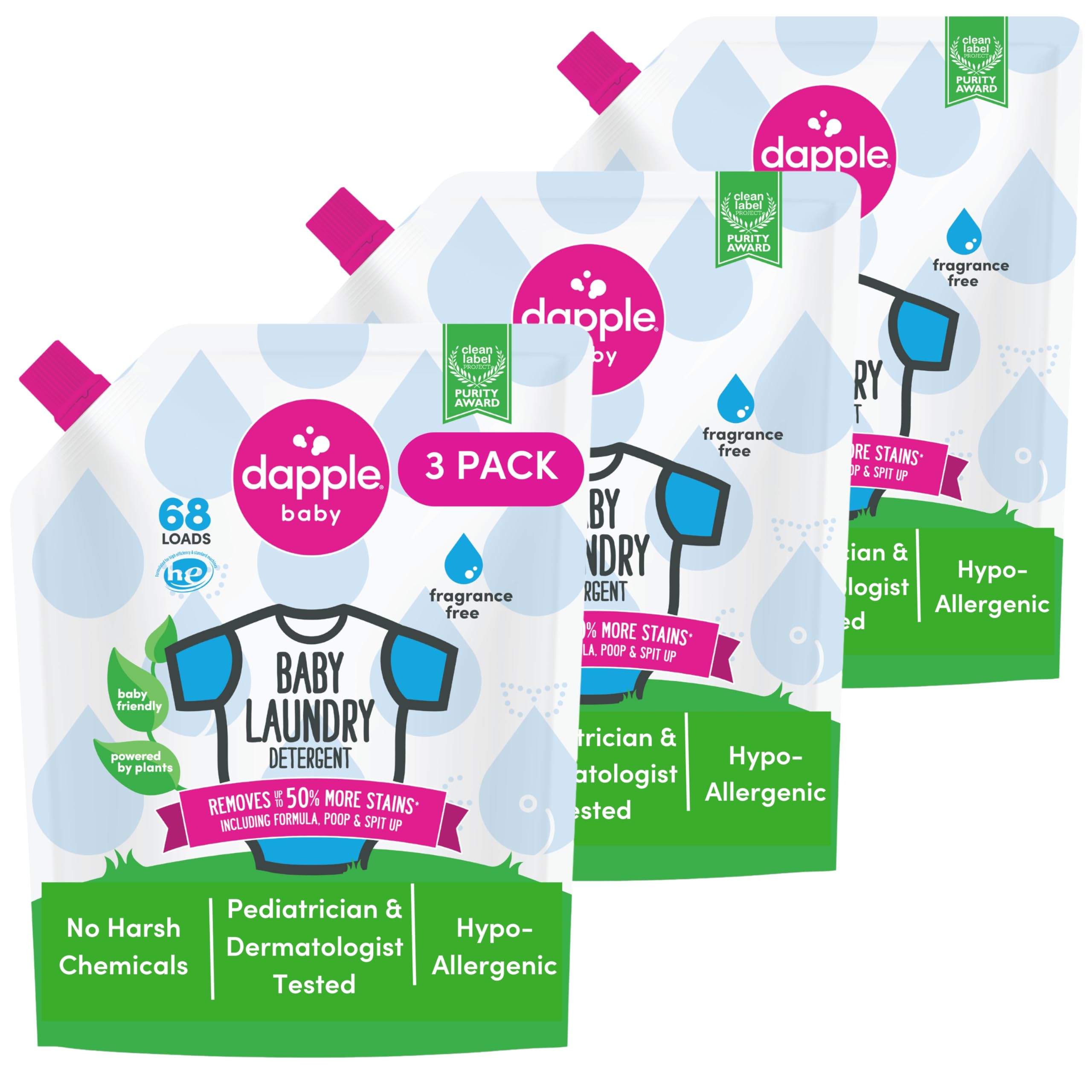 Photo 1 of Dapple Baby Laundry Detergent, Powered by Plants, Concentrated, Hypoallergenic, Fragrance Free, Eco-Friendly Pouch, Stain Remover, 34 Fl Oz (3 Pack)