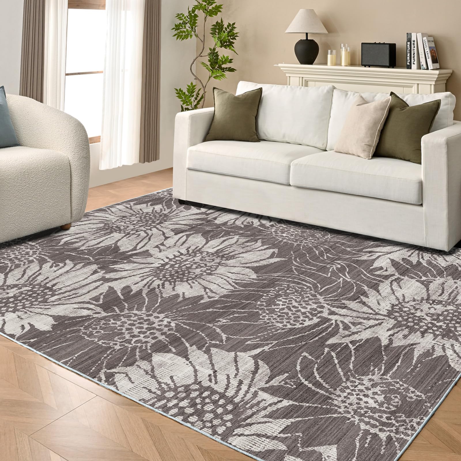 Photo 1 of 9x12 Large Area Rugs for Living Room,Machine Washable Rug Non Slip Vintage Boho Rug,Low-Pile Grey Floral Print Carpet for Bedroom Dinning Room Office Farmhouse Indoor Home Decor?Grey 9'x12'?