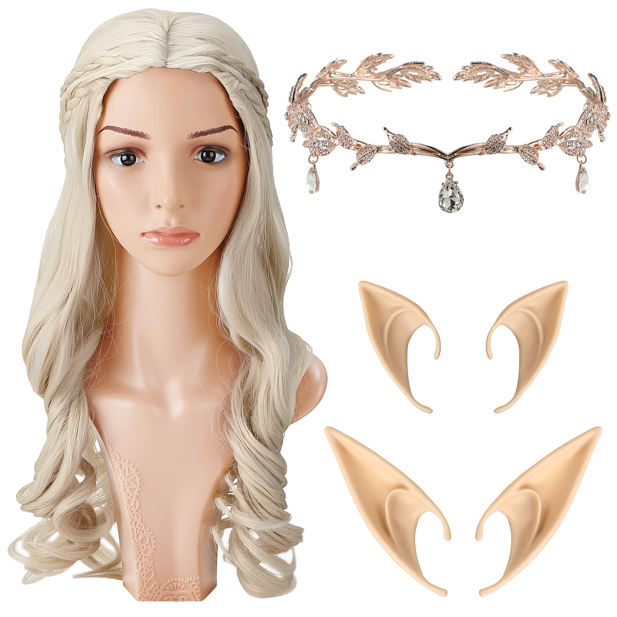 Photo 1 of Enhon Halloween Cosplay Set Long Blonde Braid Wig Women with Crystal Leaf Crown and Fairy Ears for Princess Bride Costume(Rose Gold)