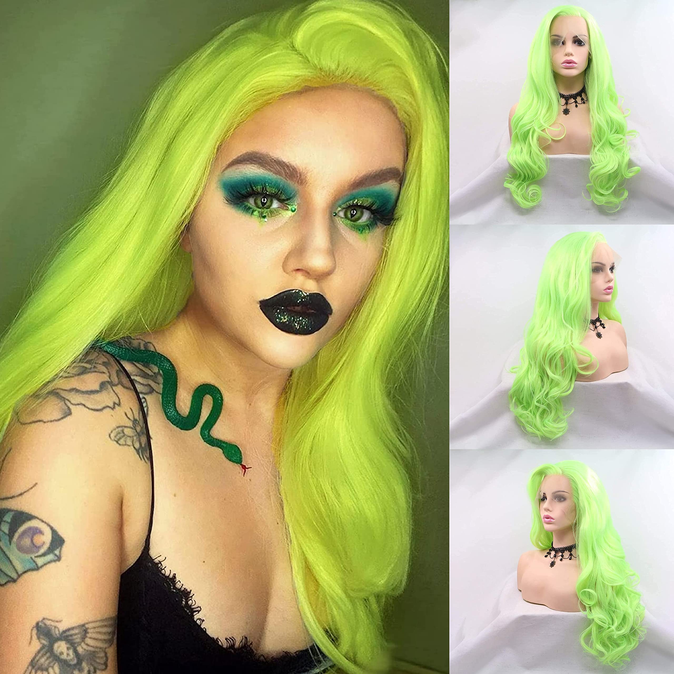 Green Lace Front Wigs Long Wave Natural Hair Heat Resistant Fiber Hair Synthetic Lace Wigs for Fashion Women (24 Inch, Greenwave/lace front wig)