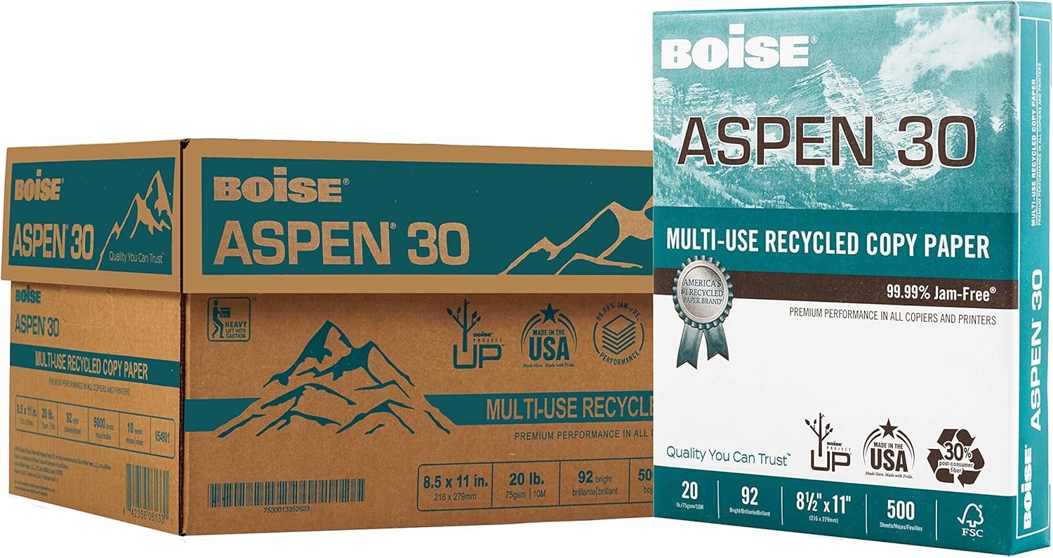 BOISE ASPEN 30% Recycled Multi-Use Copy Paper, 11" x 17", Ledger, 92 Bright, 20 lb, Ledger, 5 Ream Carton (2500 Sheets) : Multipurpose Paper : Office Products