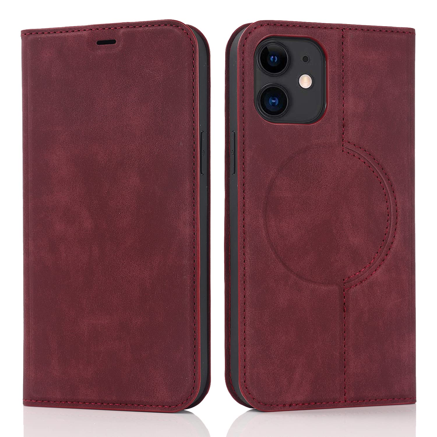QLTYPRI Wallet Case for iPhone 12/iPhone 12 Pro (6.1 inch) Compatible with Magsafe Charger, Magnetic Flip Folio PU Leather Phone Case with RFID Blocking Card Slots Kickstand Shockproof Cover-Wine Red